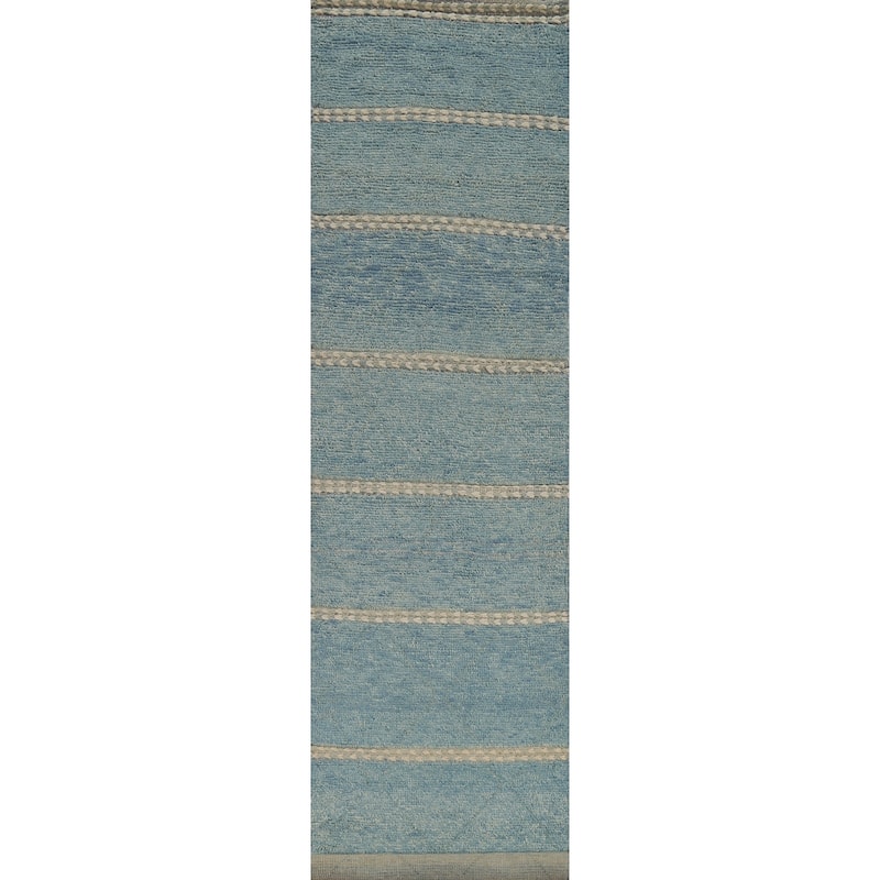 Light Blue Striped Moroccan Modern Runner Rug Hand-Knotted Wool Carpet - 3'0"x 15'8"