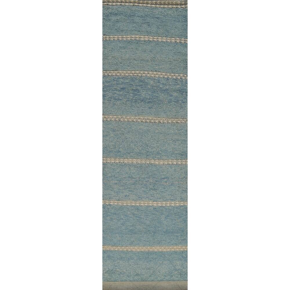Light Blue Striped Moroccan Modern Runner Rug Hand-Knotted Wool Carpet - 3'0"x 15'8"