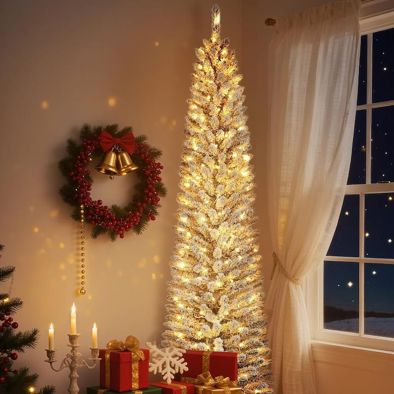 Prelit Flocked Pencil Artificial Christmas Tree with Lights - N/A
