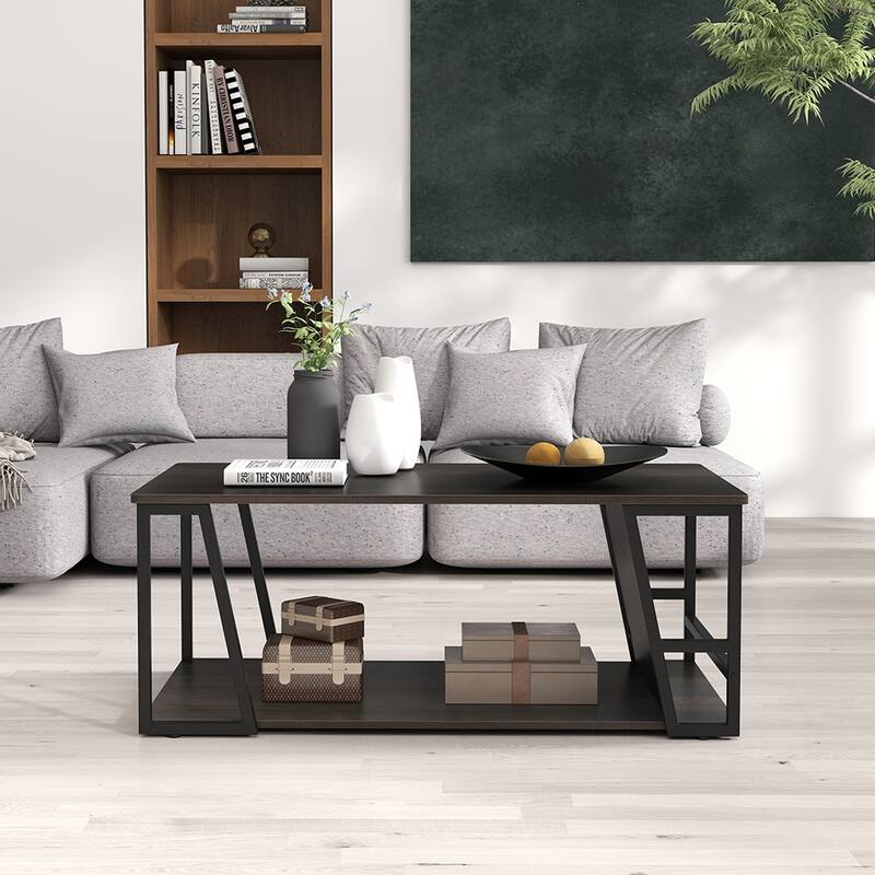 Industrial Coffee Table with Storage Shelf and Side Compartment Rectangle Wood and Metal Accent Table for Living Room