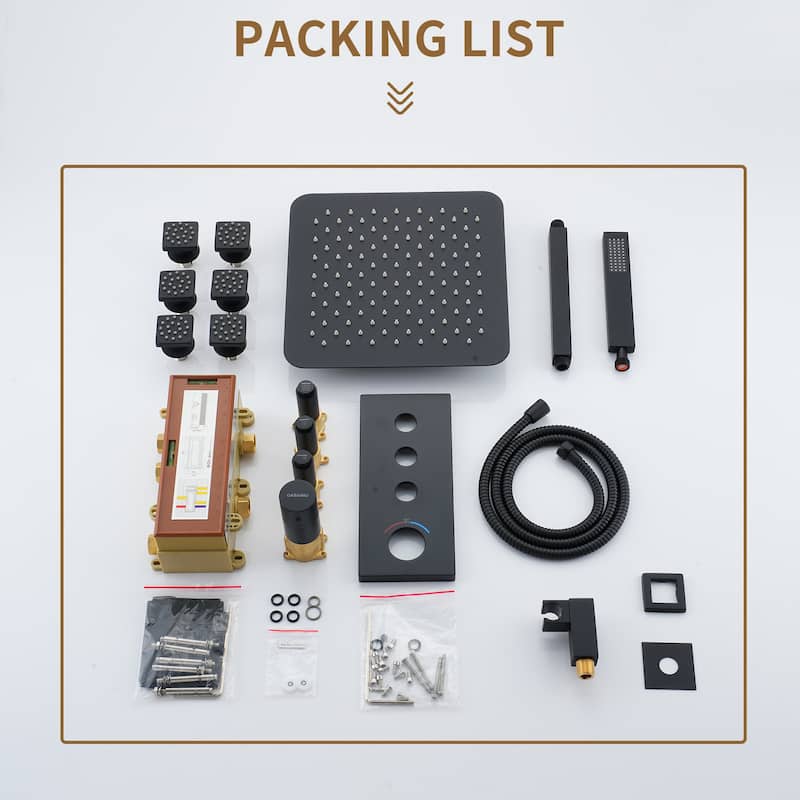 3 Functions 12 Inch Ceiling Mounted Thermostatic Shower System in Matte Black