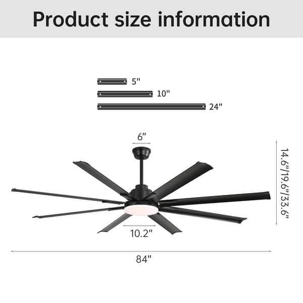 dimension image slide 6 of 8, 48in/52in/66in/72in/84in Industrial Matte Black Large Windmill Ceiling Fan with Light and Remote