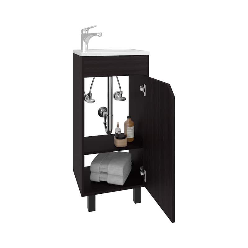 Bethel Wide One-Door Cabinet, Free Standing Vanity With Resin Sink And Two Shelves, Bathroom Storage, Black