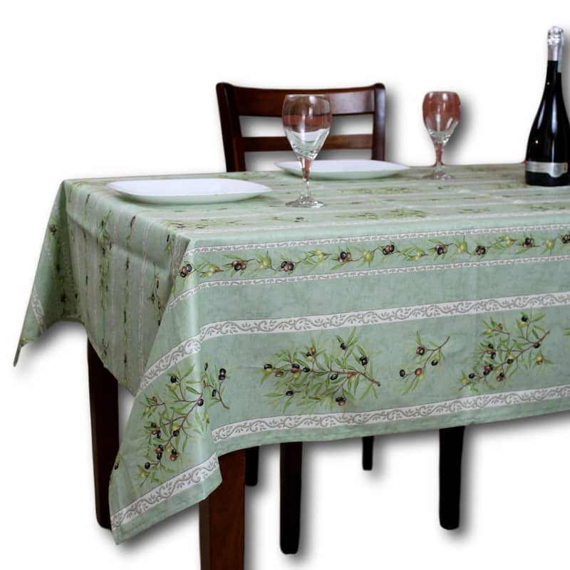 Wipeable Spill Resistant Provencal Cotton Cannes Collection Tablecloth - 60 x 116 in - Green Olive Stripes