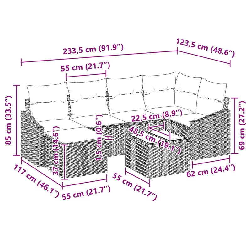 vidaXL 7 Piece Garden Sofa Set with Cushions - 91.9×48.6×46.1