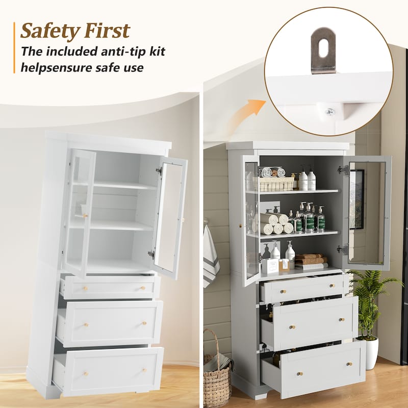 70.1-Inch Modern Freestanding Tall Storage Cabinet with 2 Adjustable Shelves & 3 Soft-Close Drawers – Glass Door Design.