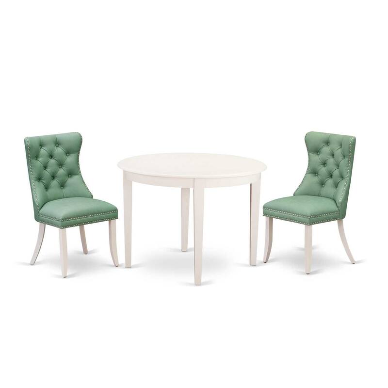 3-Piece Linen White Finish Round Solid Wood Top Dining Table Set