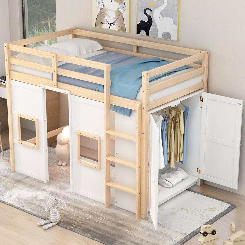 Twin Size Wood Loft Bed with Built-in Storage Wardrobe and 2 Windows