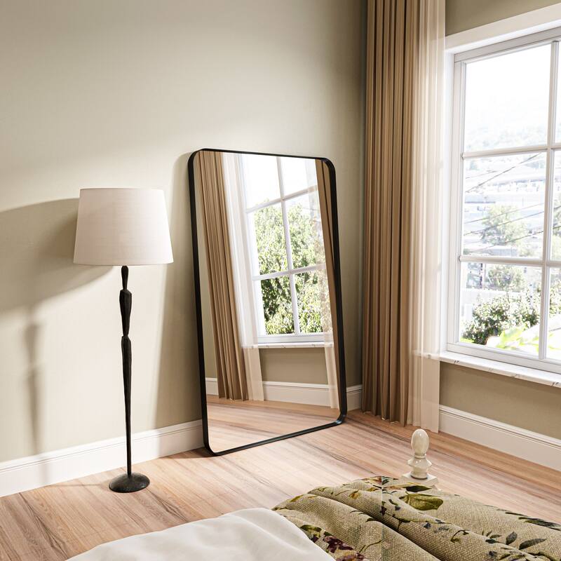 Organnice Rectangular Aluminum Framed Modern Rounded Wall Mount Mirror