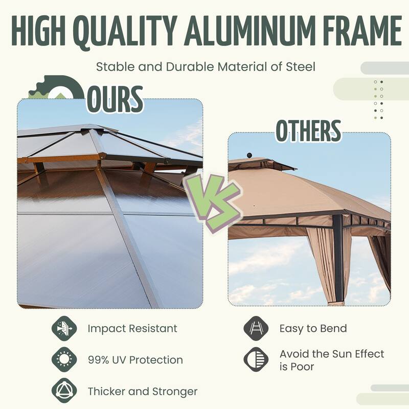 Hardtop Gazebo for Patio,Permanent Outdoor Pergola with Double Roof & Aluminum Frame & Netting & Curtains,Ideal for lawn,yard