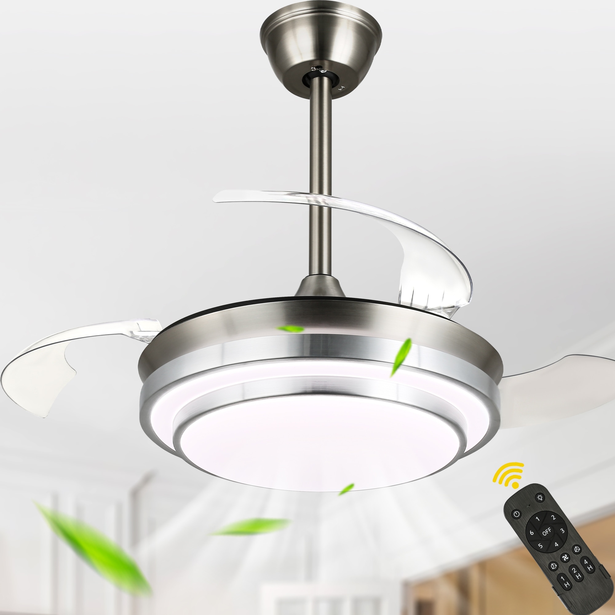 36"/42" Modern Retractable Ceiling Fans with Light, 6 Speed Fandelier DC Motor Indoor Ceiling Fans