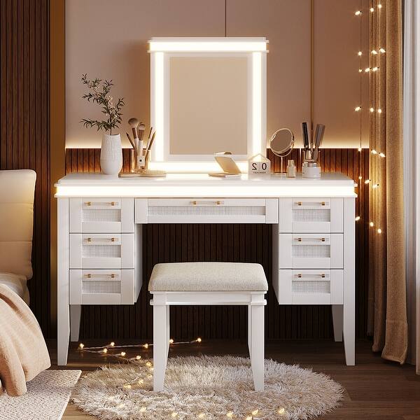 7 drawer classic mirrored dressing table Mintazer Vanity Set with Mirror & Lights, Dressing Table with 7 Drawers and Stool, Makeup Vanity Desk with Hollow Design Drawer for Bedroom, White