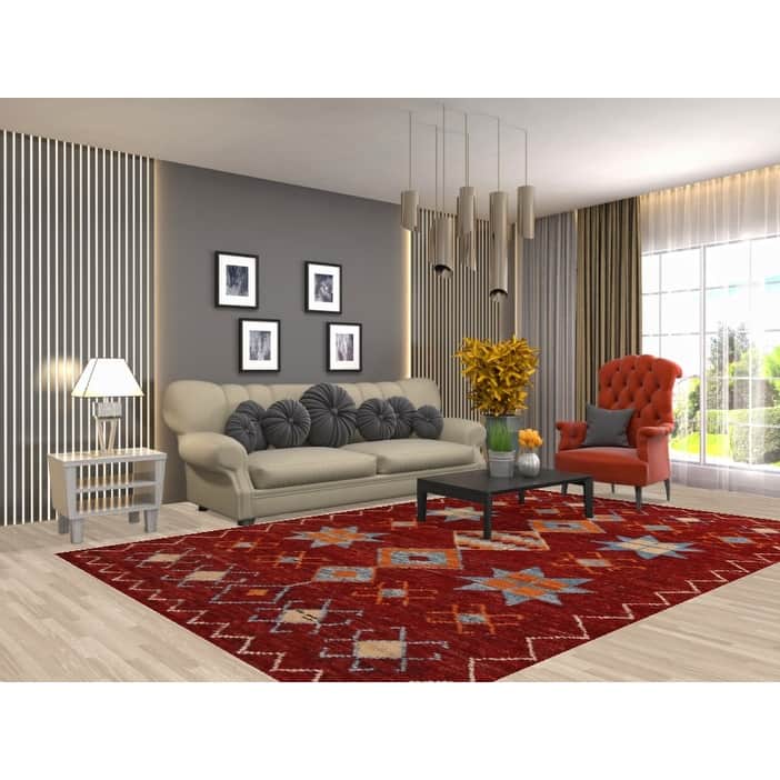 Red Geometric Moroccan Oriental Area Rug Handmade Modern Wool Carpet - 6'10" x 10'2"