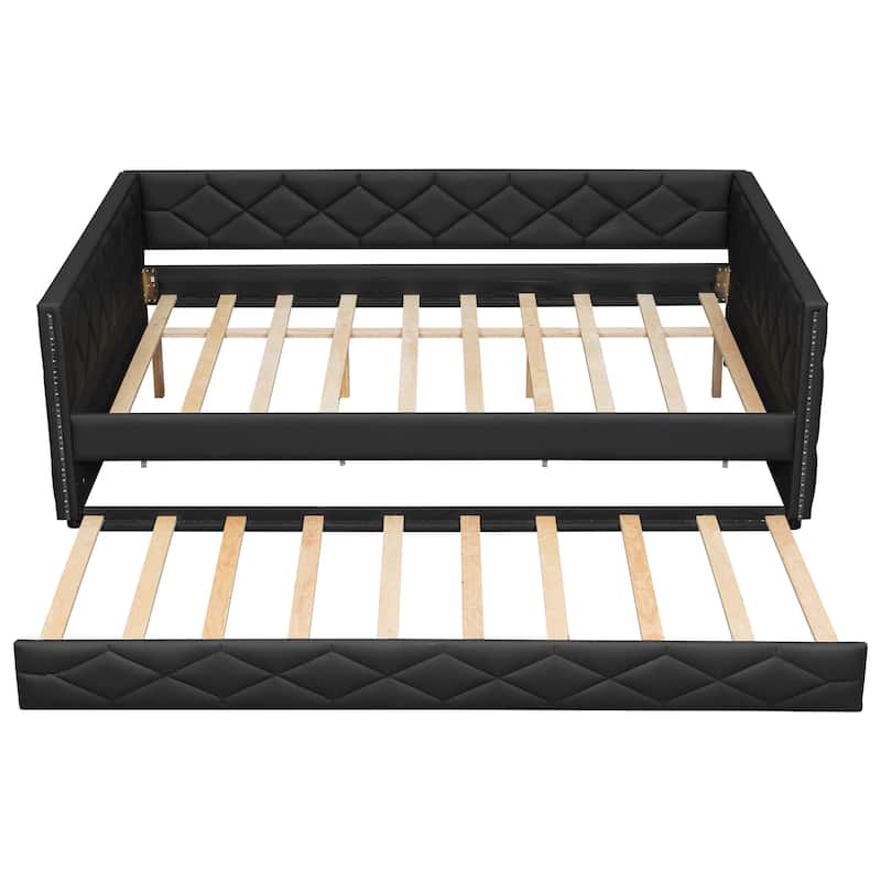 Full XL Size Upholstered Daybed with Trundle Bed and LED Armrests, Rhombic Blocks Frame Sofa Bed, U-shape Bed Frame