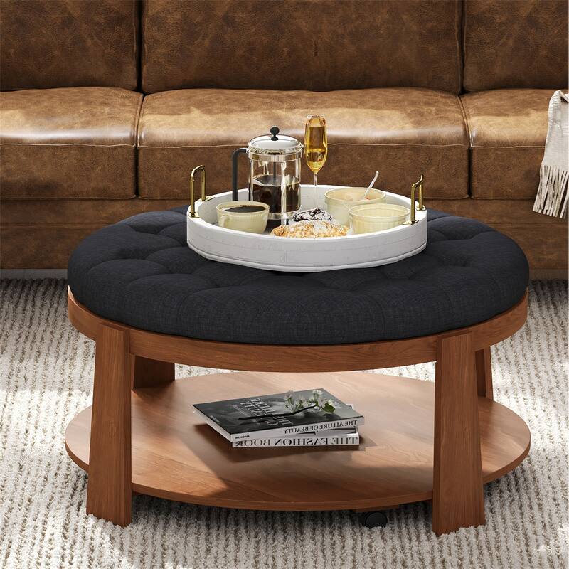 Modern Large Round Ottoman Coffee Table 2Tier Oversized Button Tufted Ottoman