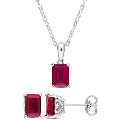 Miadora 3 7/8ct TGW Emerald-Cut & Octagon Created Ruby Set of Necklace & Earrings Sterling Silver