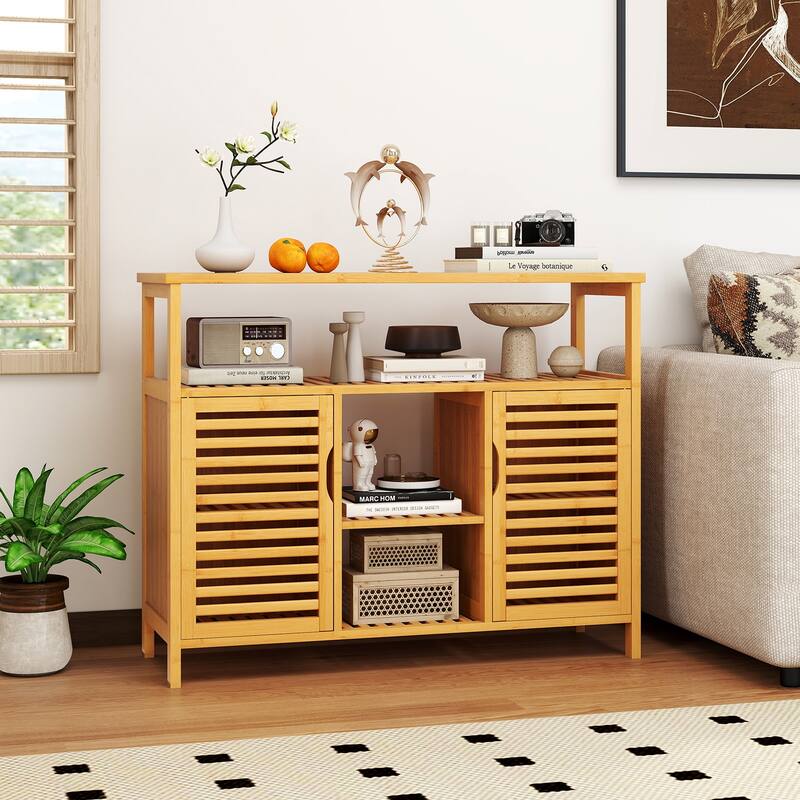 Gymax Bamboo Bathroom Cabinet 2-Door Storage Organizer w/ Shelves for