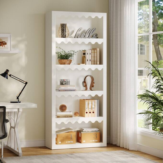 70.86" Modern White Bookshelf, 5-Tier Tall Wooden Bookcase