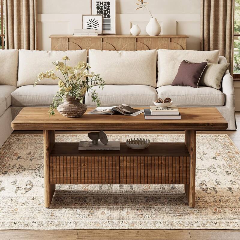 47.24" Solid Wood Coffee Table with 2 Drawers, 2-Tier Rustic Rectangle Center Tea Table with Open Shelf Storage