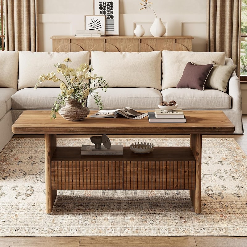 Solid Wood Coffee Table with 2 Drawers Storage, 47" Center Table for Living Room - 47.24" L x 23.62" W x 19.69" H