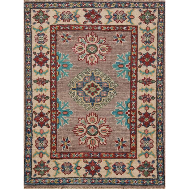 Geometric Kazak Oriental Accent Rug Hand-Knotted Grey Wool Carpet - 2'0"x 3'0"