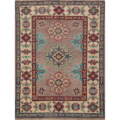Geometric Kazak Oriental Accent Rug Hand-Knotted Grey Wool Carpet - 2'0"x 3'0"