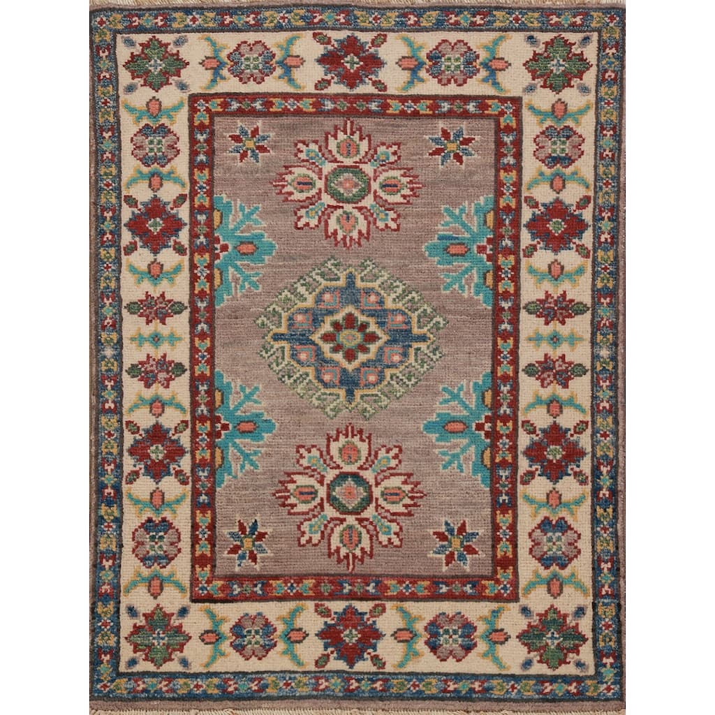 Geometric Kazak Oriental Accent Rug Hand-Knotted Grey Wool Carpet - 2'0"x 3'0"