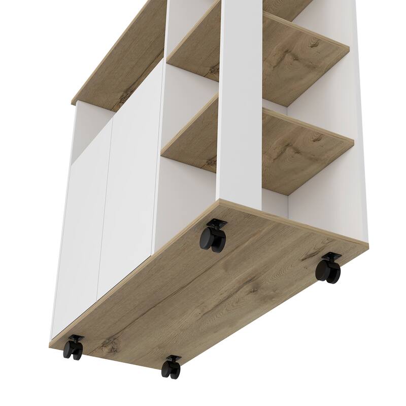 Compact Kitchen Island Kamkacht, Light Oak / White, 1 Cabinet, 4 Shelves, Locking Casters for Stability