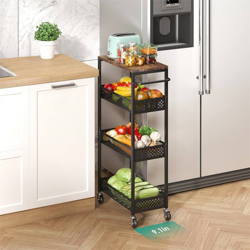 Storage Cart 4 Tier Narrow Kitchen Rolling Cart on Wheels for Small Space - 16.7"D x 9.1"W x 34"H - Black 16.7"D x 9.1"W x 34"H