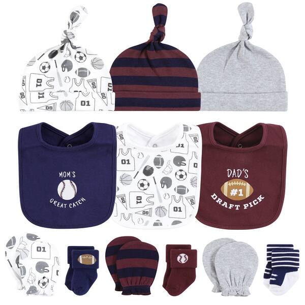 slide 1 of 1, Hudson Baby Infant Boy Caps or Headbands, Bibs, Mittens and Socks 12pc Set, Sports, 0-6 Months - Sports 0-6 Months - Sports