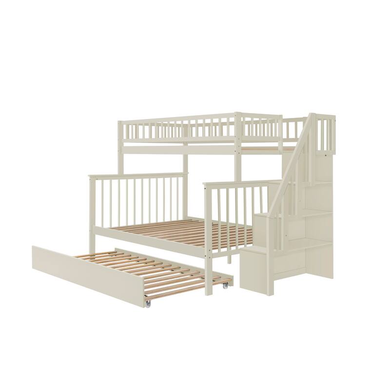 Cream Twin over Full Stairway Bunk Bed with Trundle and Storage
