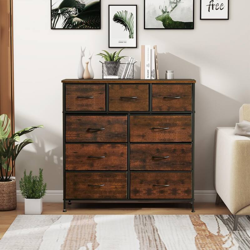 9 Drawers Dresser for Bedroom, Tall Fabric Closet Chests Organizer Tower Furniture with Wooden Top