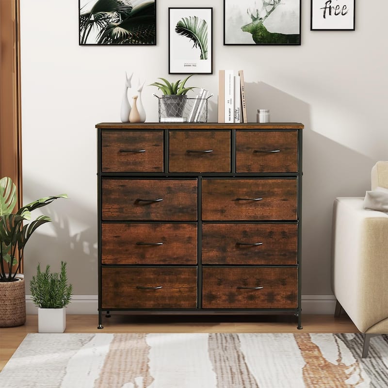 Dresser for Bedroom with 9 Drawers, Anti-Tip Tall Fabric Chests Storage Organizer Tower Furniture with Wooden Top Metal Frame