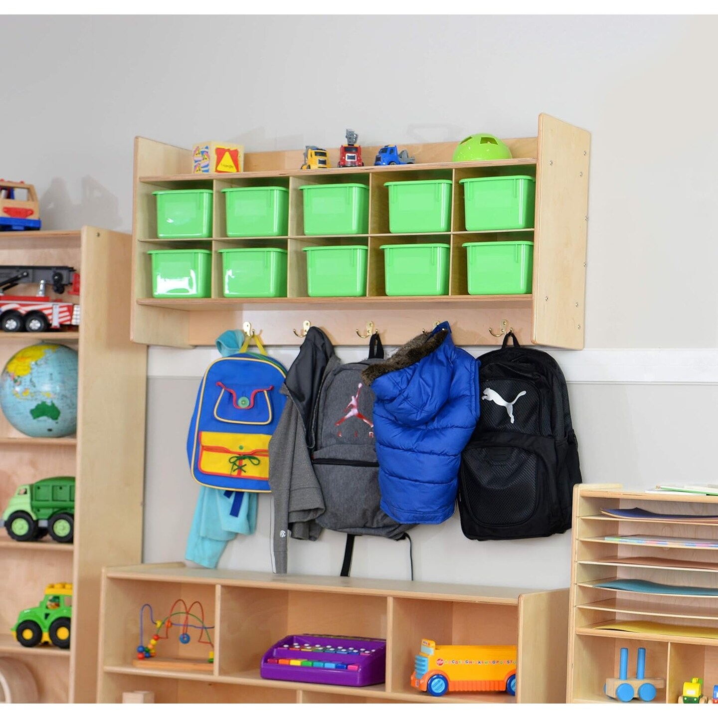 Contender 10 Section Wood Cubbies Storage with Lime Green Plastic Bins Wall Hanging Organizers with Hooks Bed Bath Beyond 39845306