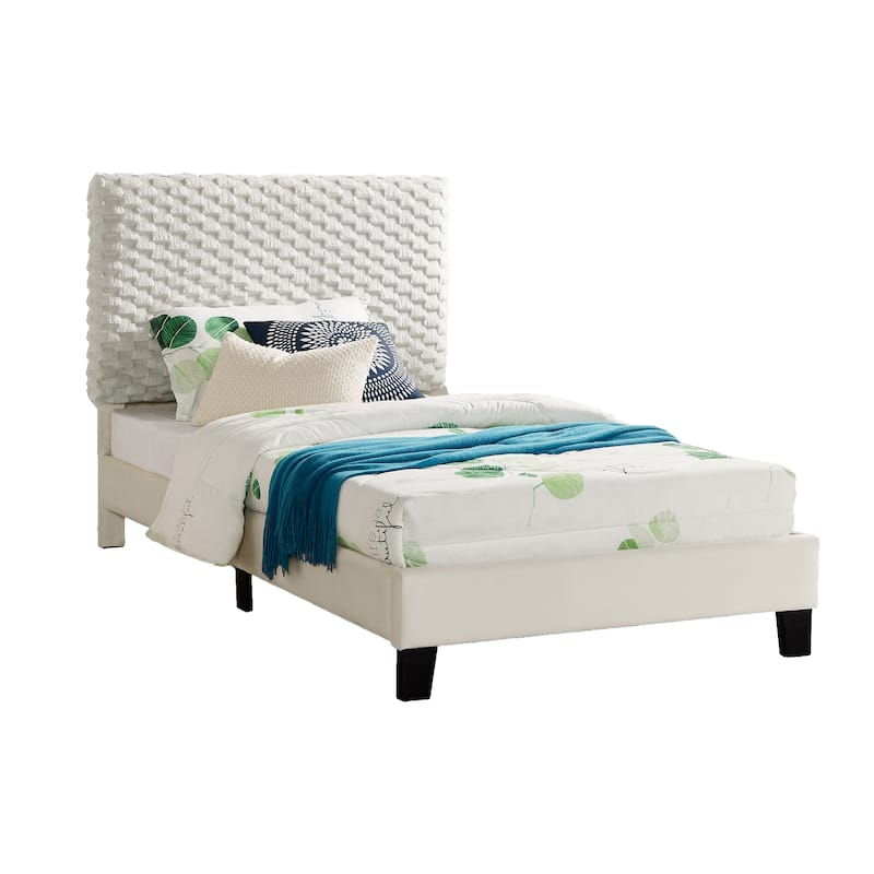 Plush 3D Upholstered Platform Bed in White Dove, Twin