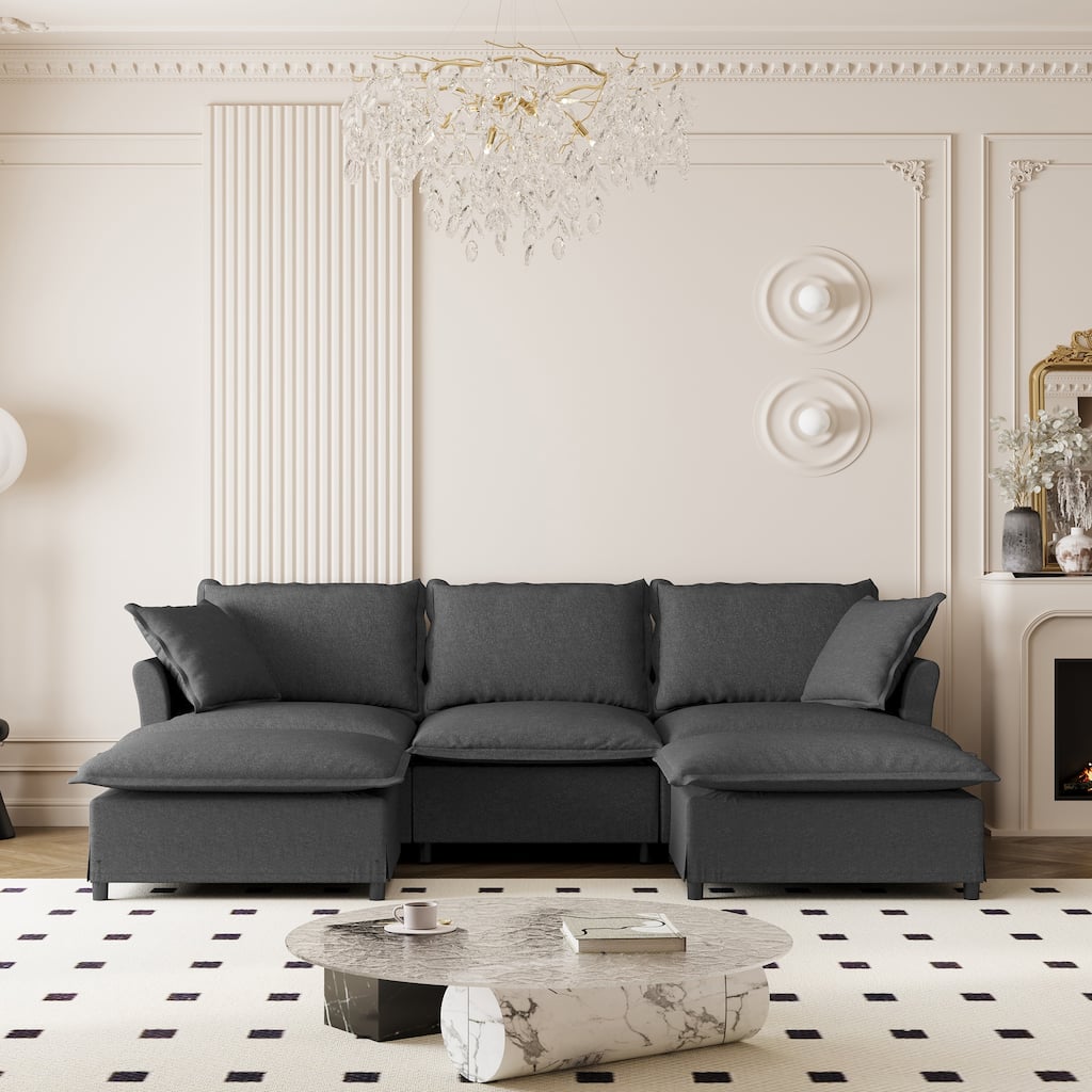 Chenille Sectional Sofa U Shaped Cloud Couch Set w/Ottoman, Pillows