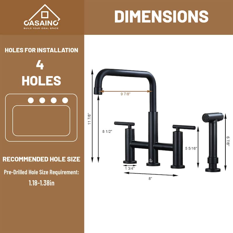 Double Handle Bridge Kitchen Faucet with Pull-Out Side Sprayer