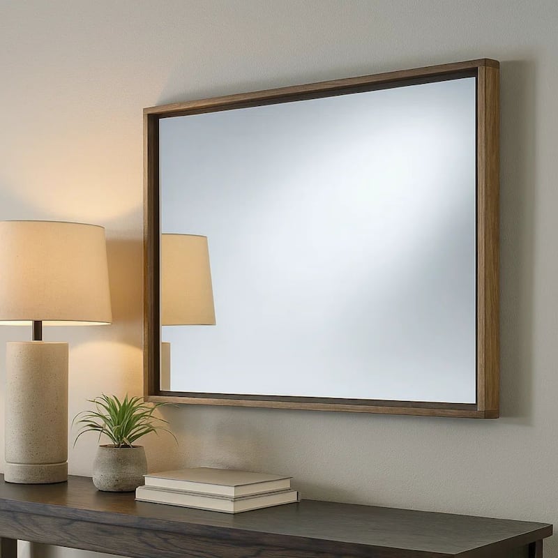 Rectangular Wooden Frame Incased Mirror with Raised Edges, Natural Brown
