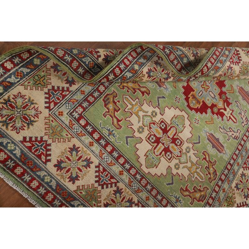 Light Green Geometric Kazak Area Rug Handmade Wool Carpet - 5'0" x 7'0"