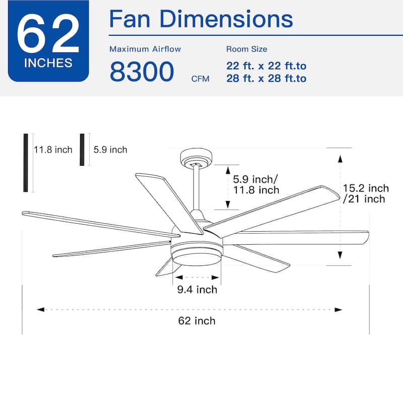 52"/66"/72"/76 Inch Modern Ceiling Fan with Dimmable LED Light ,Remote&APP Control,8 Blades for Large Living Room,Porch