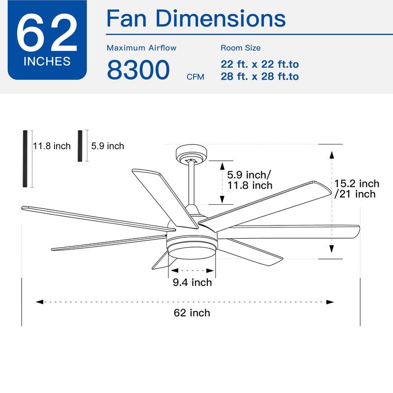 Indoor & Outdoor Smart Ceiling Fan Light with 7 Wood Grain Blades, 62" Ceiling Fan with Dimmable LED Light, App and Remote