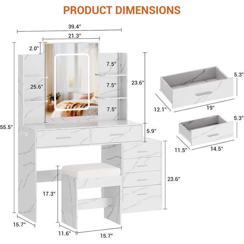 6 Drawers Makeup Vanity Desk, Dressing Table with Lighted Mirror