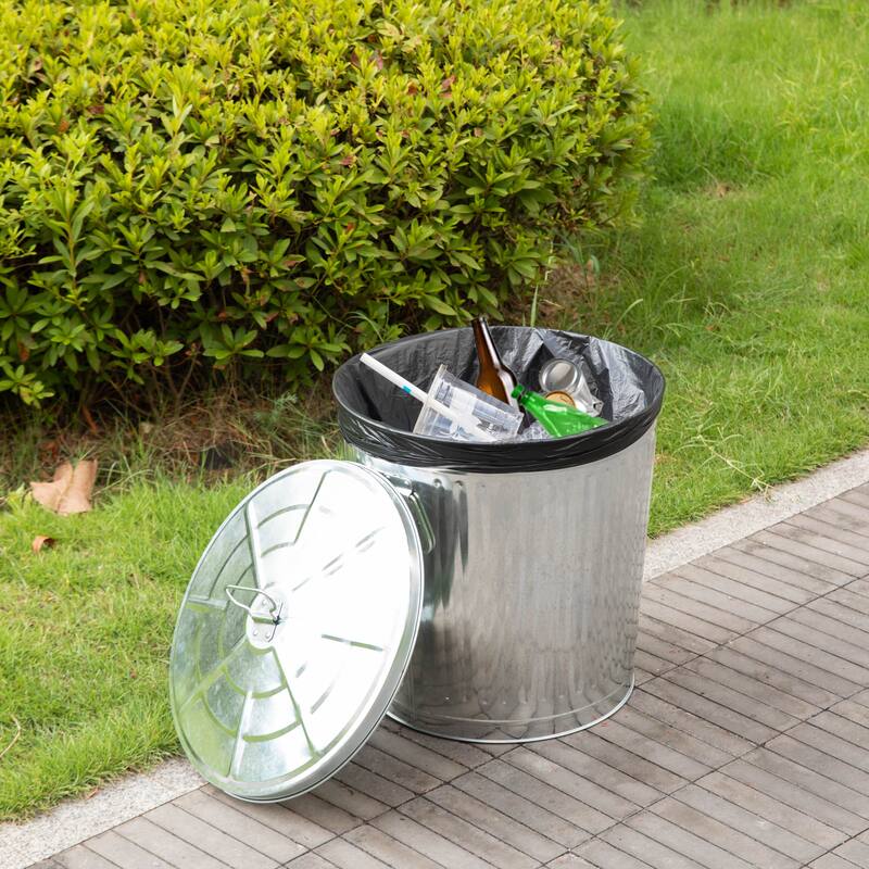 Round Galvanized Steel, Trash Can with Lid - Durable Metal Bucket for Backyard, Lawn, Garden and Yard Use