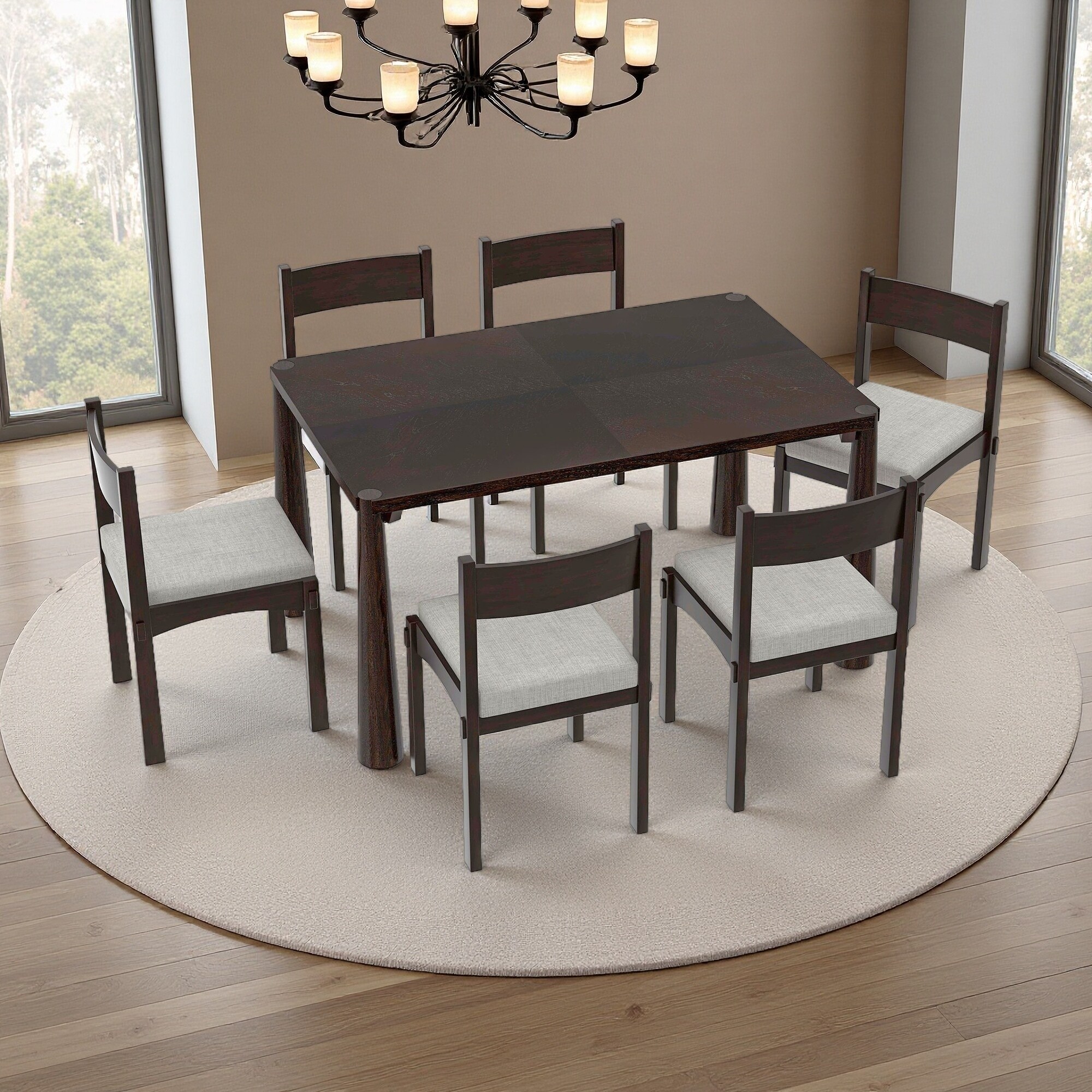 7-Piece Retro Wood Dining Table Set with 6 Upholstered Chairs