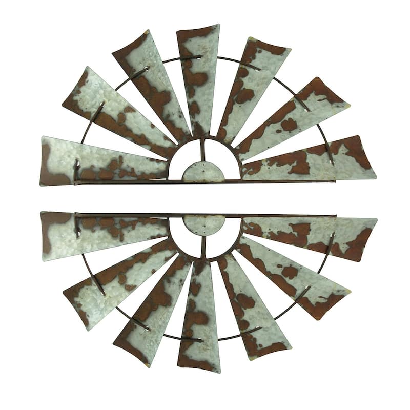 Zeckos 24 Inch Weathered Metal Half Windmill Wall Hangings (Set Of 2)