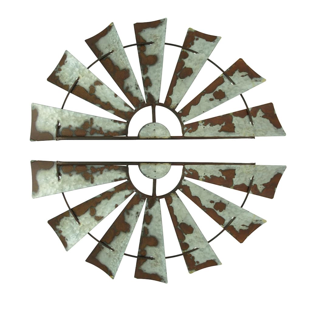 Zeckos 24 Inch Weathered Metal Half Windmill Wall Hangings (Set Of 2)