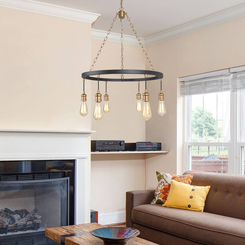 Modern Farmhouse 6-Light Black Gold Wagon Wheel Chandelier for Dining Room - W24.8"x H31.5"