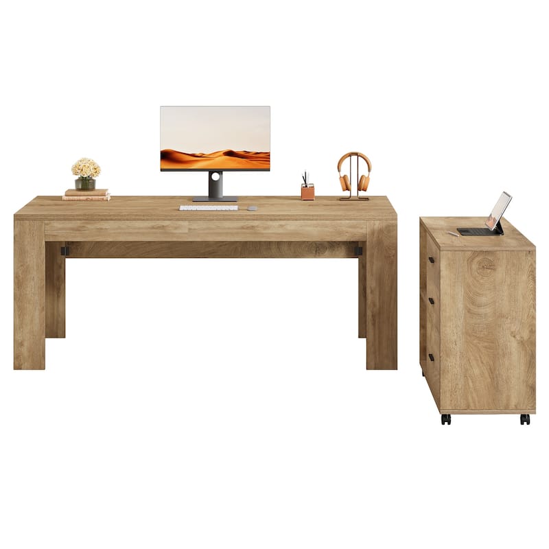 63" L Shaped Desk with File Cabinet, Executive Office Desk