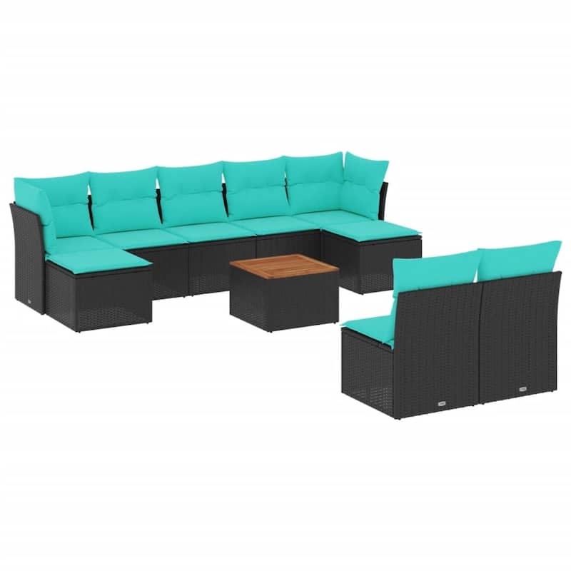 vidaXL 10 Piece Patio Sofa Set with Cushions Black Poly Rattan - 24.4 x 24.4 x 27.2