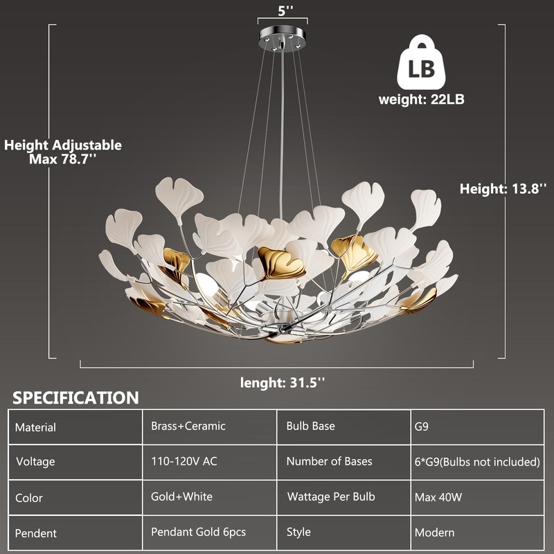 KAYLA Ceramic Ginkgo Leaf 8 -Light L40 Inch Chandelier - On Sale